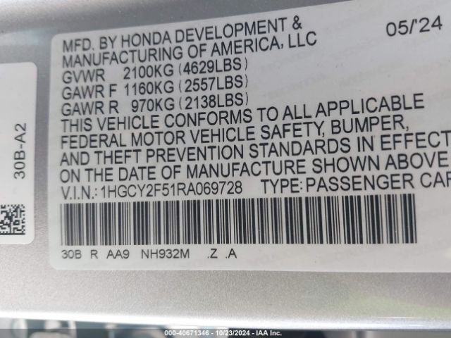 1HGCY2F51RA069728 Honda Accord Hybrid Sport