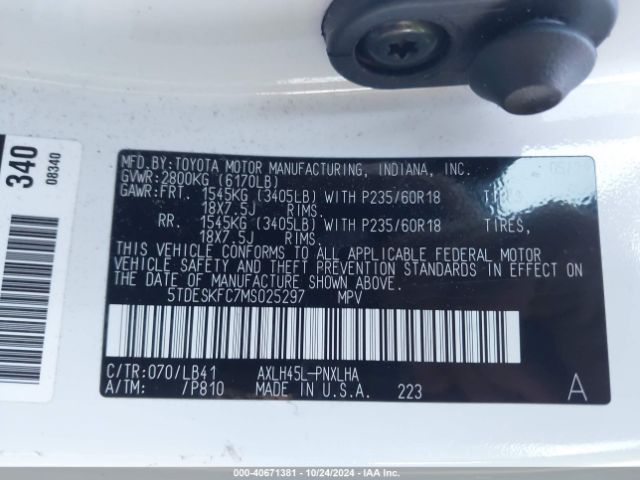 5TDESKFC7MS025297 Toyota Sienna Platinum