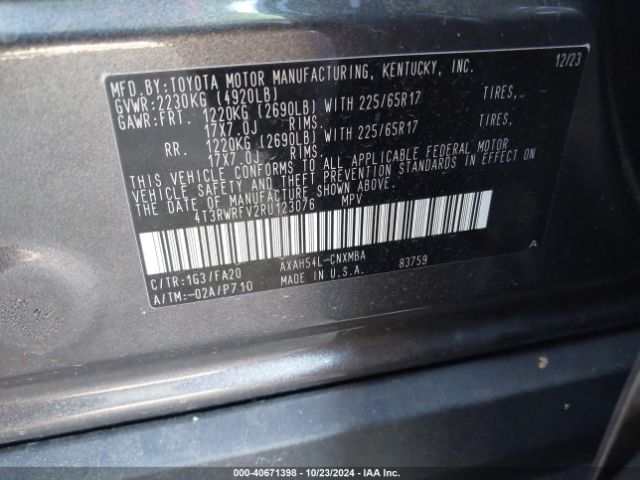 4T3RWRFV2RU123076 Toyota Rav4 Hybrid Xle