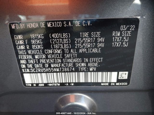 3CZRU5H55NM738674 Honda Hr-v 2wd Ex
