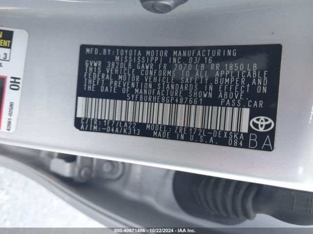 5YFBURHE8GP487661 Toyota Corolla S Premium