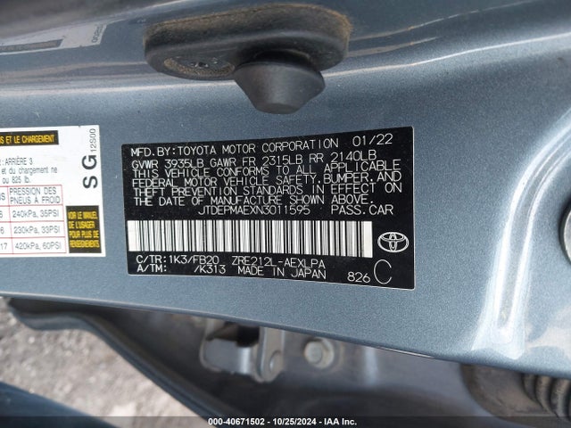Toyota COROLLA LE 2022 JTDEPMAEXN3011595 Image 9