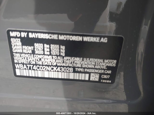 WBA7T4C02NCK43028 BMW 740 I Xdrive