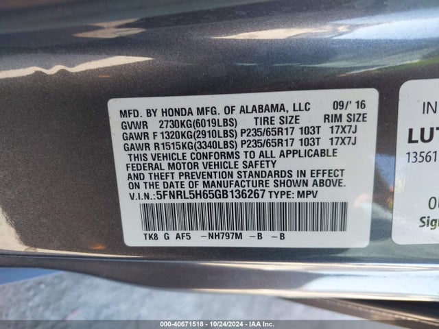 Honda Odyssey Ex-l 2016 5FNRL5H65GB136267 Image 9