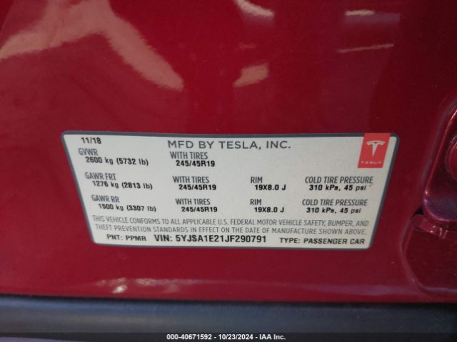 5YJSA1E21JF290791 Tesla Model S 100d/75d/p100d