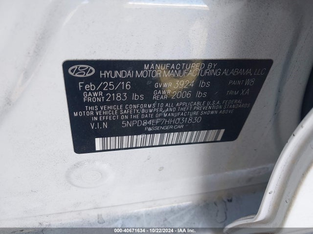 Hyundai ELANTRA SE 2017 5NPD84LF7HH031830 Image 9
