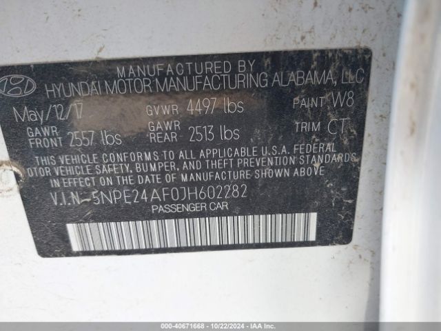 5NPE24AF0JH602282 Hyundai SONATA SE