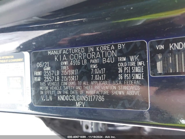 KNDCC3LGXN5117786 KIA Niro Ev Ex