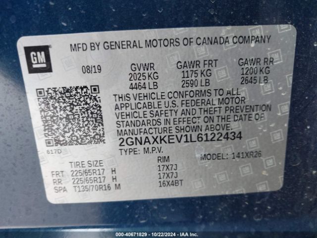 2GNAXKEV1L6122434 Chevrolet Equinox Fwd Lt 1.5l Turbo