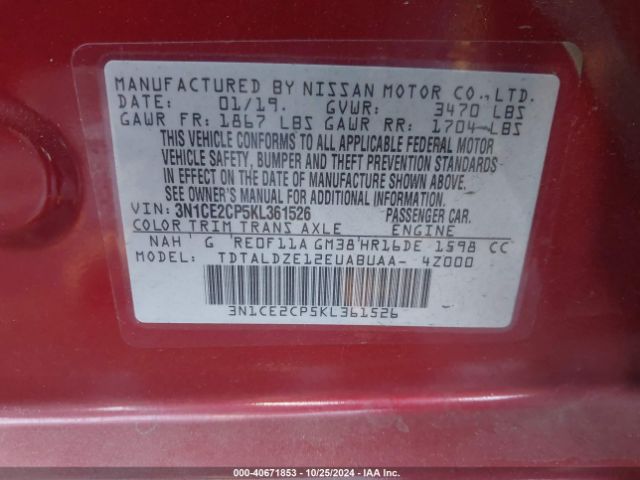3N1CE2CP5KL361526 Nissan Versa Note Sv