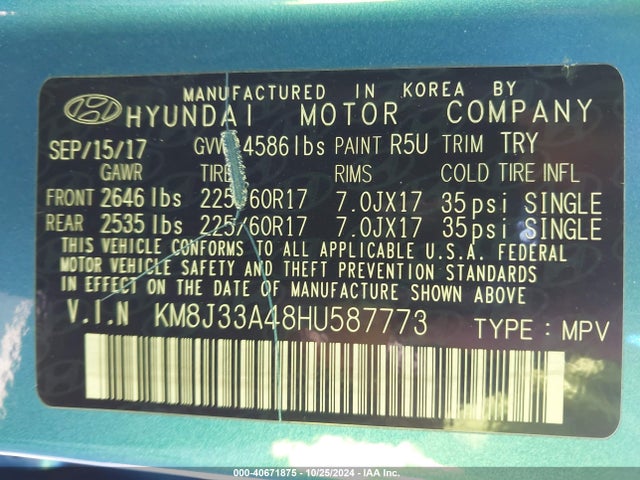 Hyundai TUCSON SE 2017 KM8J33A48HU587773 Image 9