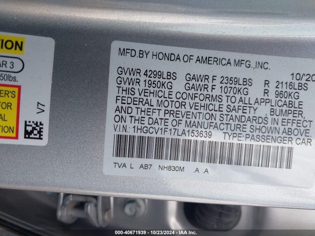 Honda ACCORD LX 2020 1HGCV1F17LA153639 Image 9