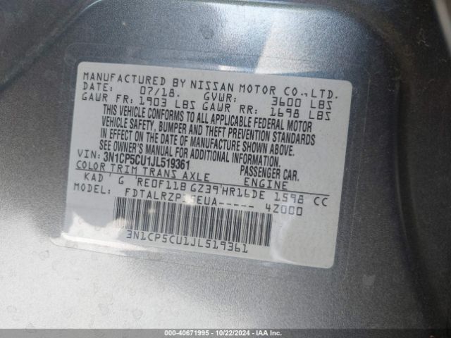 3N1CP5CU1JL519361 Nissan KICKS S
