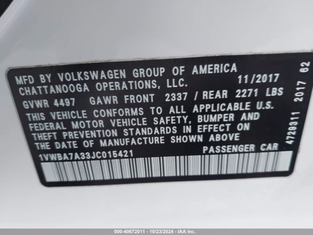 1VWBA7A33JC015421 Volkswagen Passat 2.0t Se
