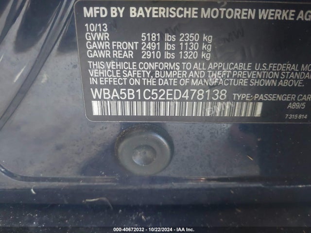 BMW 535i 2014 WBA5B1C52ED478138 Image 9