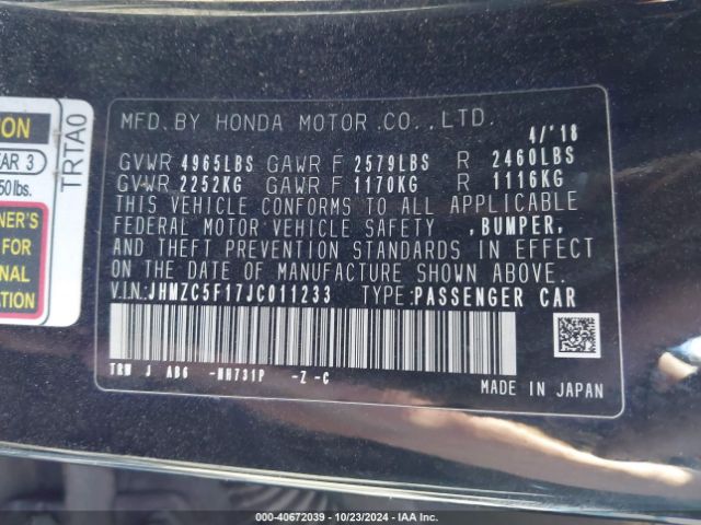 JHMZC5F17JC011233 Honda CLARITY PLUG-IN HYBRID