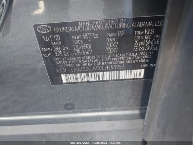 5NMS2CAD1LH253953 Hyundai Santa Fe Se