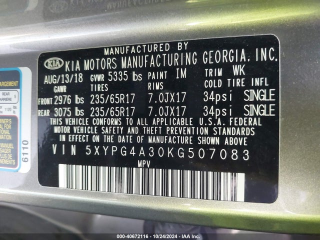Aukcja sprzedaży 2019 Kia Sorento 2.4l L, vin: 5XYPG4A30KG507083, numer aukcji: 40672116