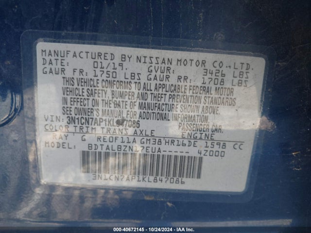Nissan Versa 1.6 Sv 2019 3N1CN7AP1KL847086 Image 9
