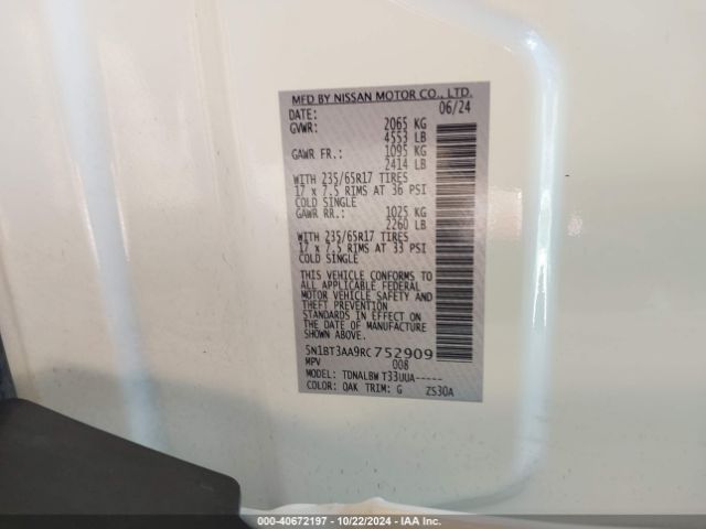 5N1BT3AA9RC752909 Nissan Rogue S Fwd