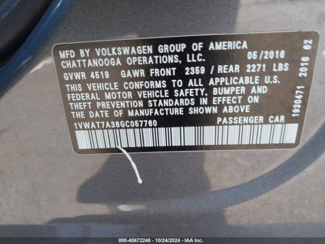1VWAT7A36GC057760 Volkswagen Passat 1.8t S