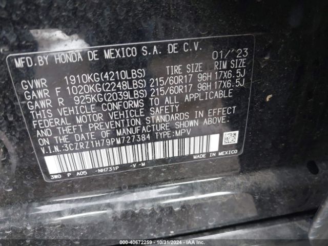 3CZRZ1H79PM727384 Honda Hr-v 2wd Ex-l