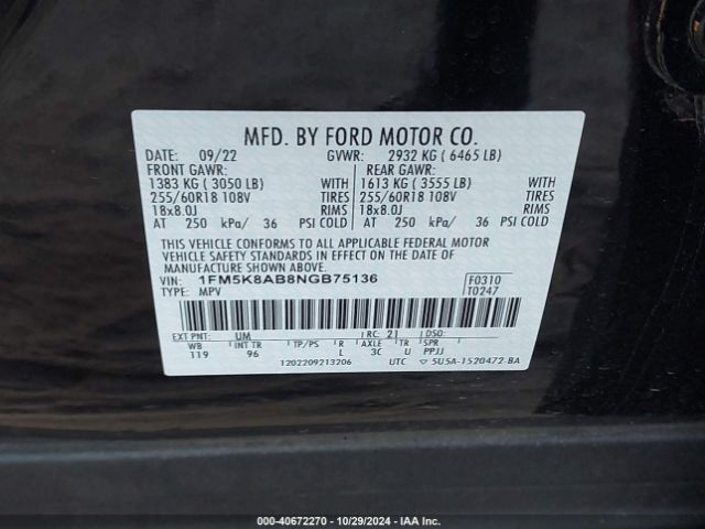 1FM5K8AB8NGB75136 Ford Police Interceptor Utility