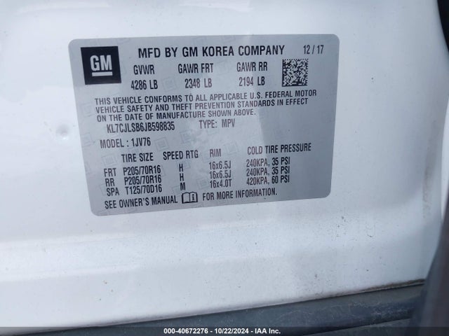 Chevrolet Trax Lt 2018 KL7CJLSB6JB598835 Image 9