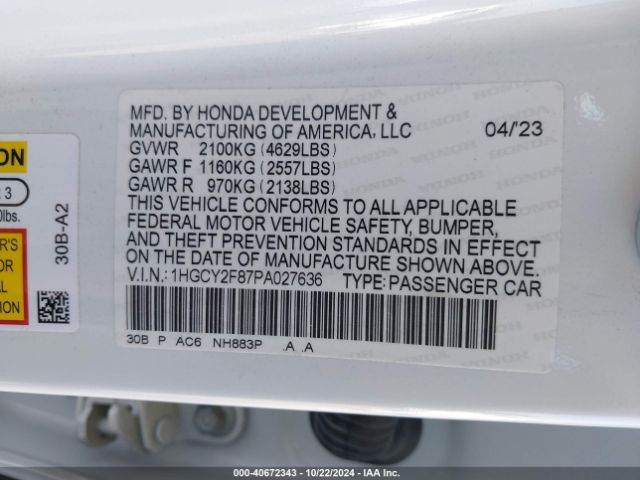 1HGCY2F87PA027636 Honda Accord Hybrid Touring