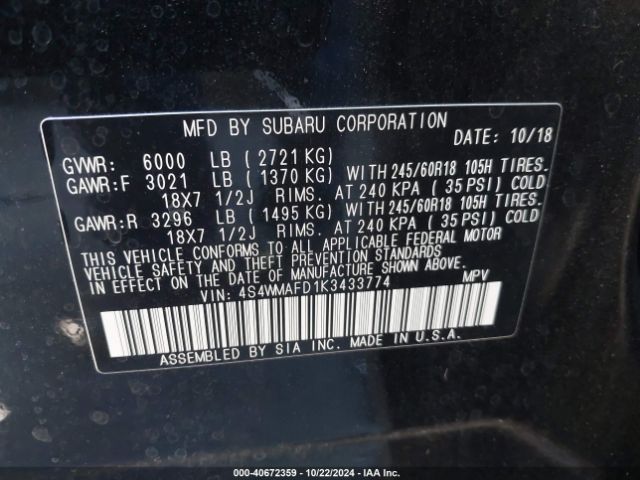4S4WMAFD1K3433774 Subaru Ascent Premium