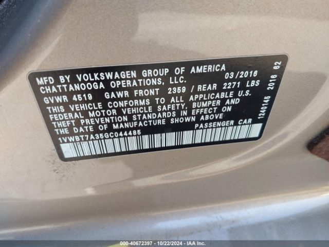 1VWBT7A35GC044485 Volkswagen Passat 1.8t Se