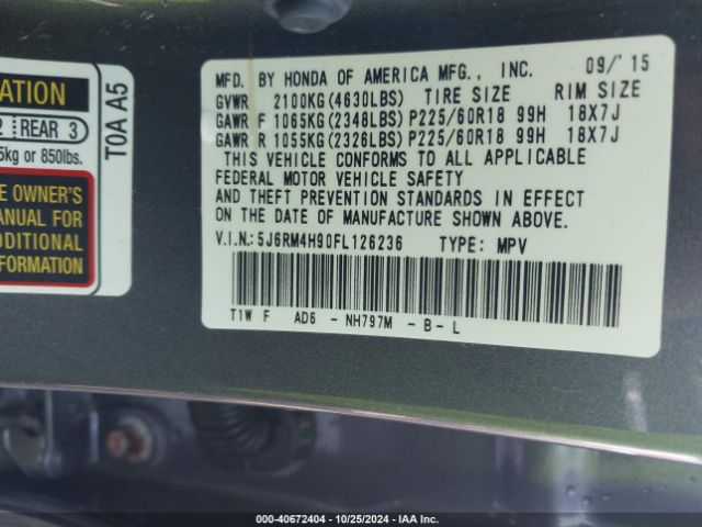 5J6RM4H90FL126236 Honda Cr-v Touring