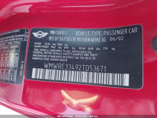 2002 MINI COOPER S WMWRE33492TD53671 Photo 8