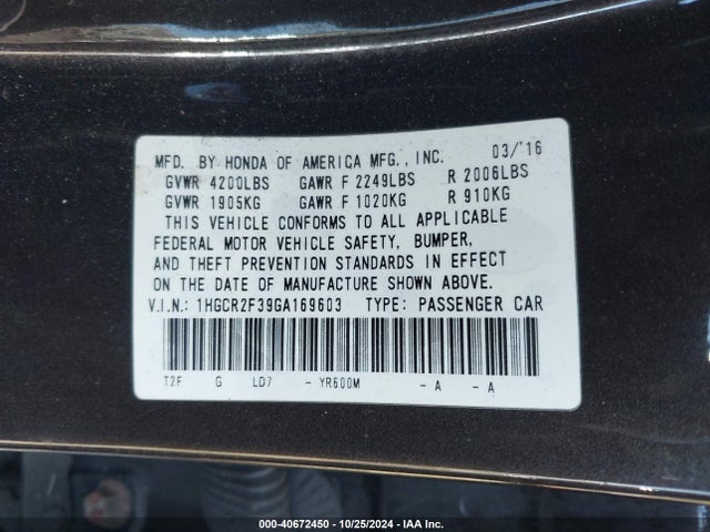 Honda ACCORD LX 2016 1HGCR2F39GA169603 Image 9