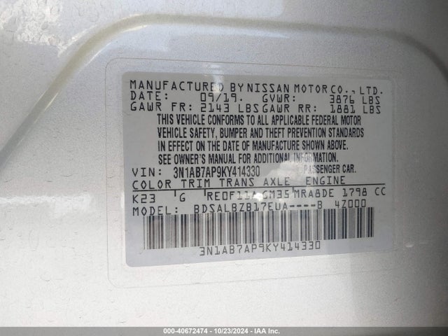 Aukcja sprzedaży 2019 Nissan Sentra S, vin: 3N1AB7AP9KY414330, numer aukcji: 40672474