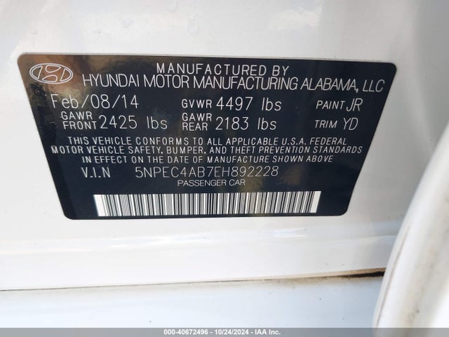 Hyundai Sonata Limited 2.0t 2014 5NPEC4AB7EH892228 Image 9