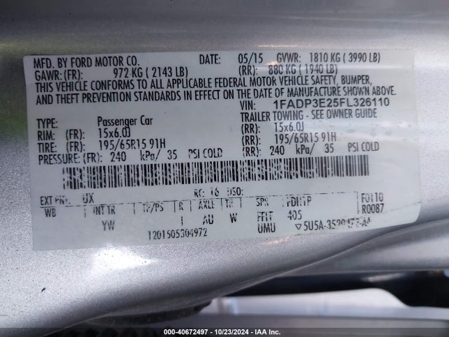 Ford FOCUS S 2015 1FADP3E25FL326110 Image 9