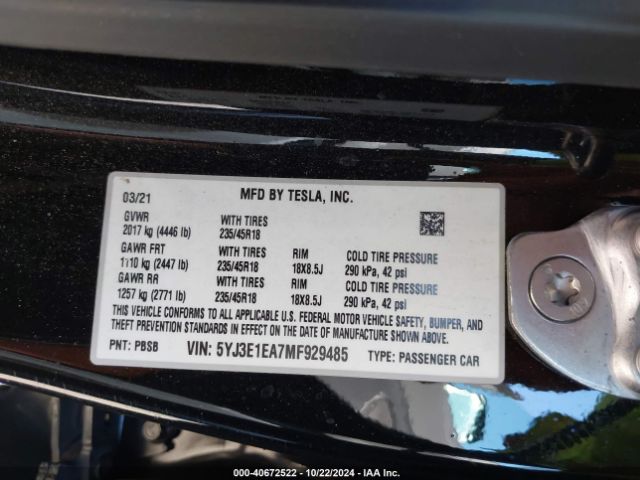5YJ3E1EA7MF929485 Tesla Model 3 Standard Range Plus Rear-wheel Drive