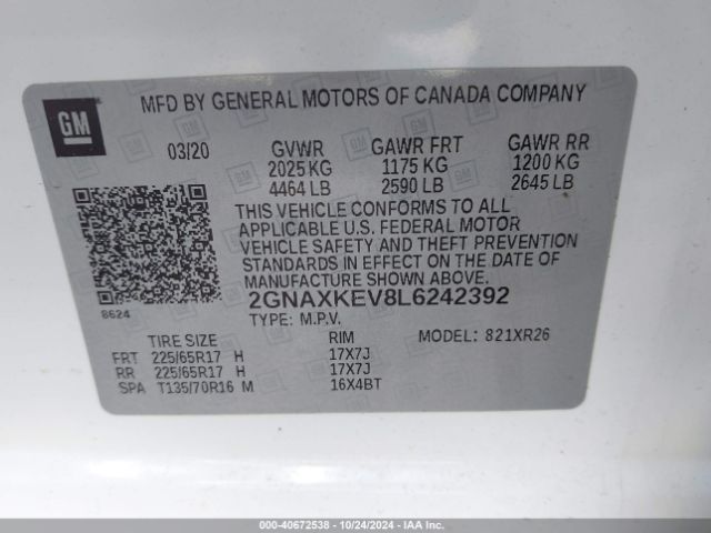 2GNAXKEV8L6242392 Chevrolet Equinox Fwd Lt 1.5l Turbo