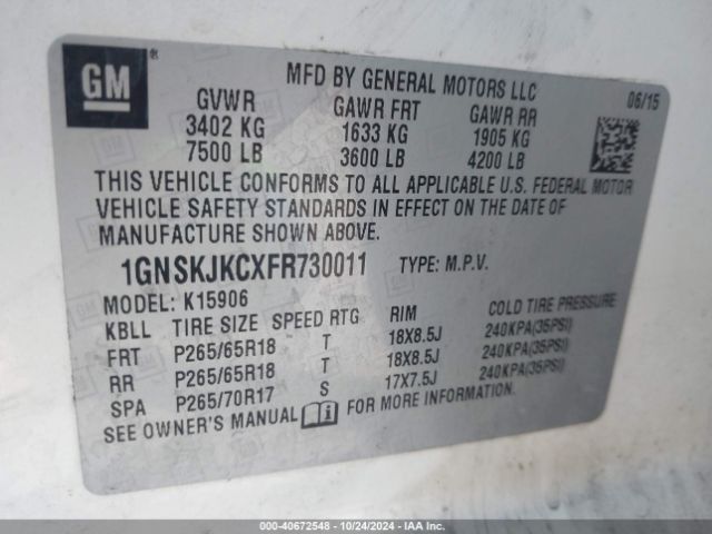 1GNSKJKCXFR730011 Chevrolet Suburban 1500 Lt