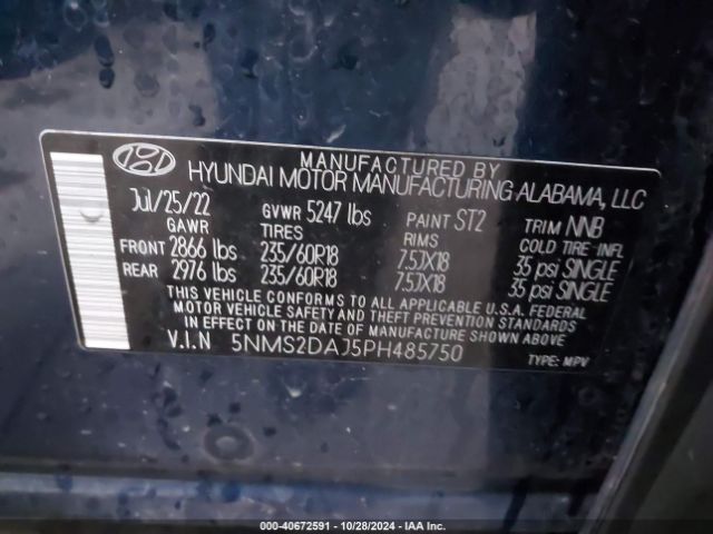 5NMS2DAJ5PH485750 Hyundai Santa Fe Sel