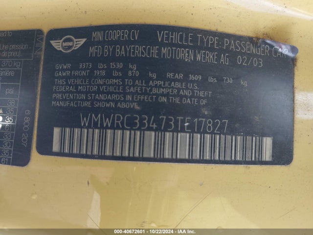 2003 MINI COOPER WMWRC33473TE17827 Photo 8
