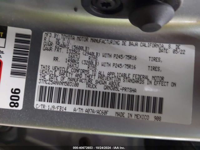 3TMCZ5ANXNM503100 Toyota Tacoma Sr V6