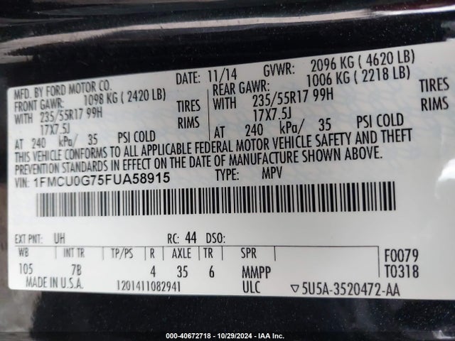 Ford ESCAPE SE 2015 1FMCU0G75FUA58915 Image 9
