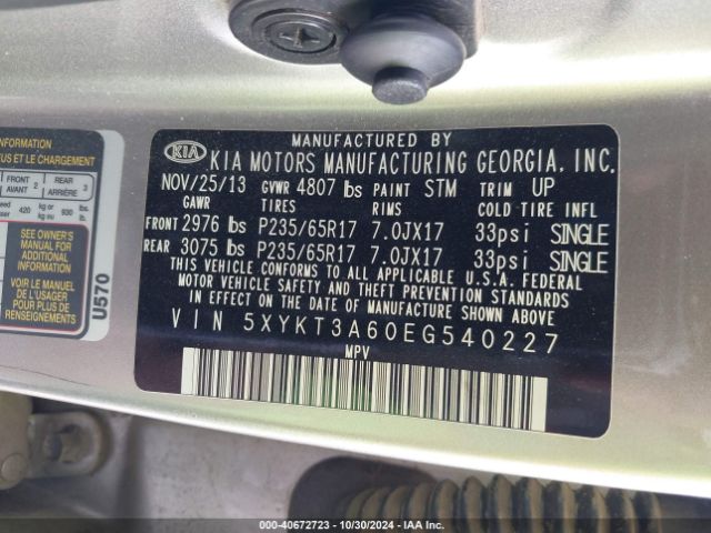 5XYKT3A60EG540227 KIA SORENTO LX