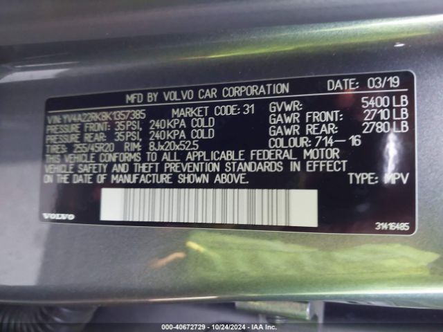 YV4A22RK8K1357385 Volvo Xc60 T6 Momentum