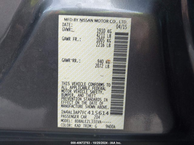 Nissan Altima 2.5 S 2015 1N4AL3AP7FC415614 Image 9