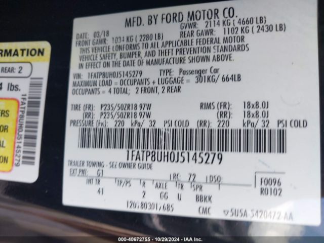 1FATP8UH0J5145279 Ford Mustang Ecoboost Premium