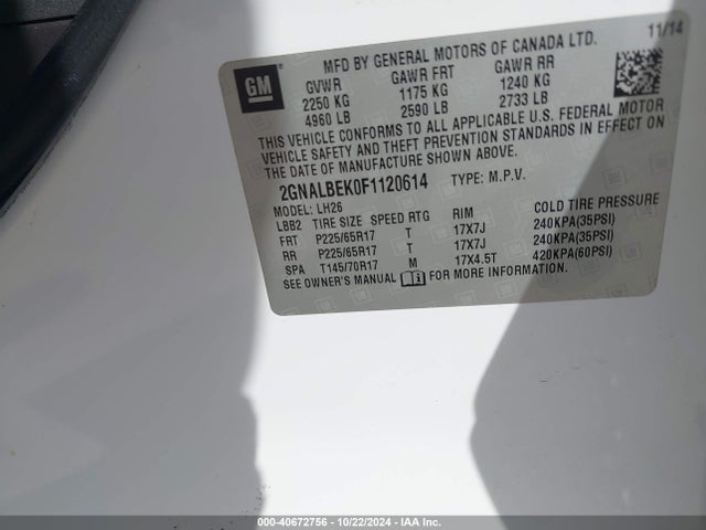 Chevrolet EQUINOX 1LT 2015 2GNALBEK0F1120614 Image 9