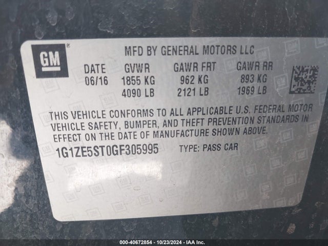 Chevrolet MALIBU 1LT 2016 1G1ZE5ST0GF305995 Image 9